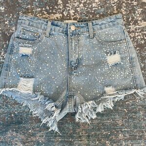 LITZ BY UNIQ Darling Crystal Daisy Dukes Denim Distressed Shorts Size S/27”